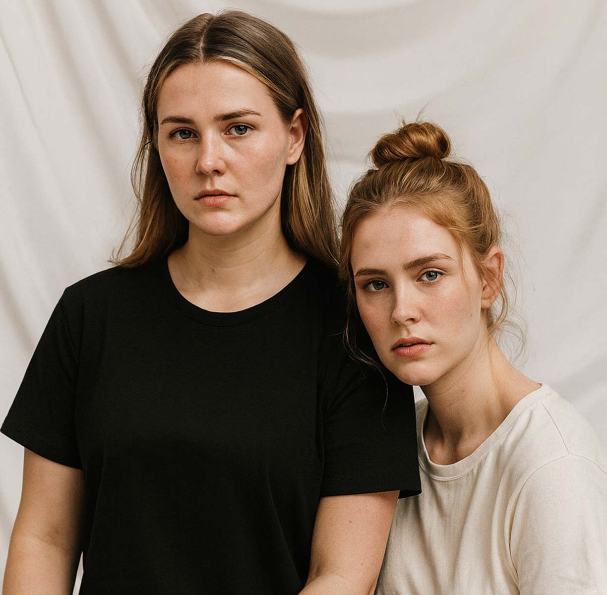 Two models wearing women's black cotton crewneck tee and off-white cotton crewneck tee.